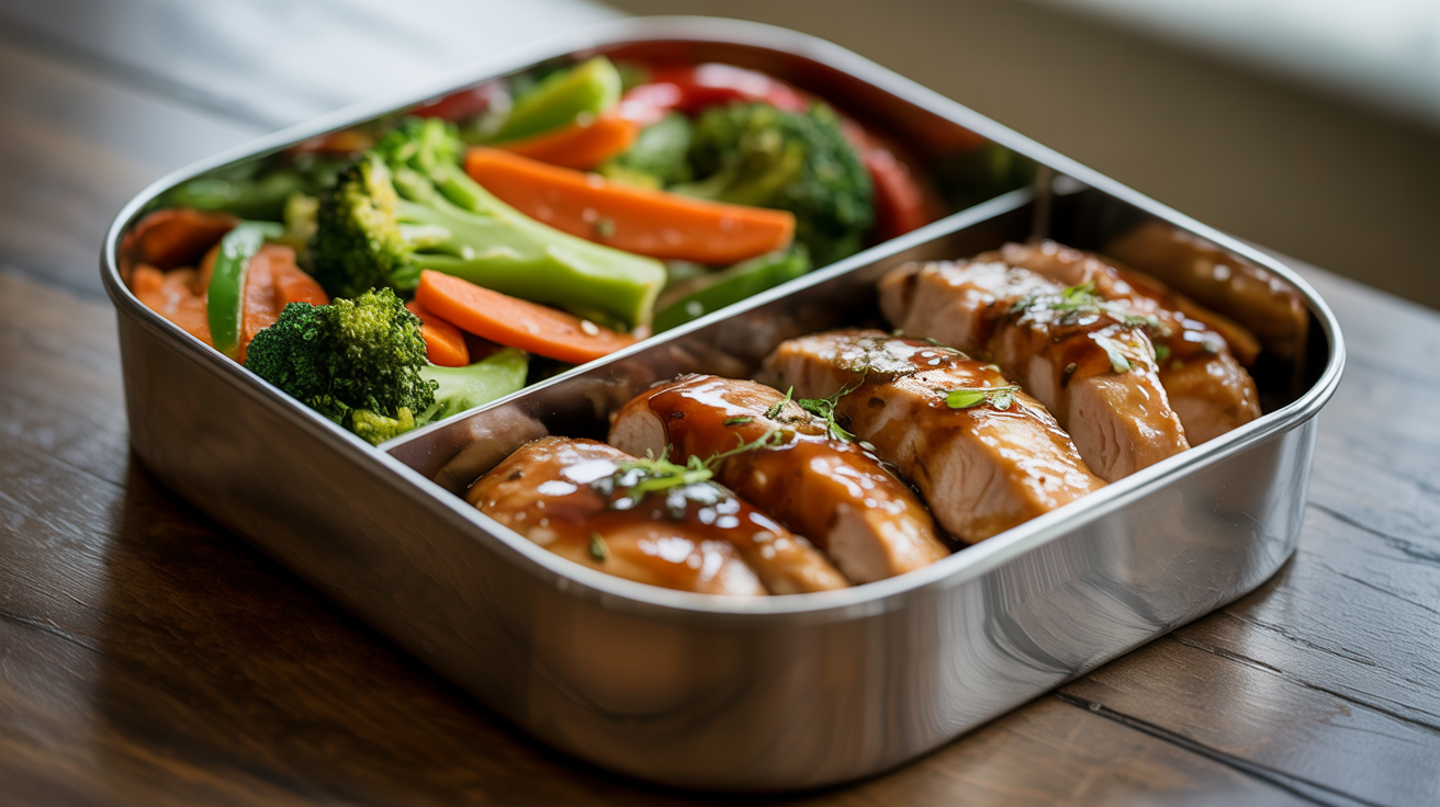 Marmita de frango teriyaki fit com legumes salteados