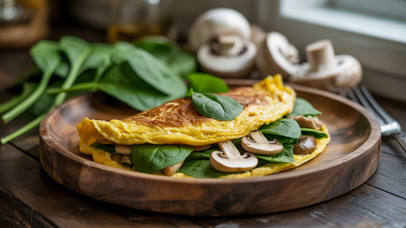 Omelete proteica de espinafre e cogumelos para energia matinal