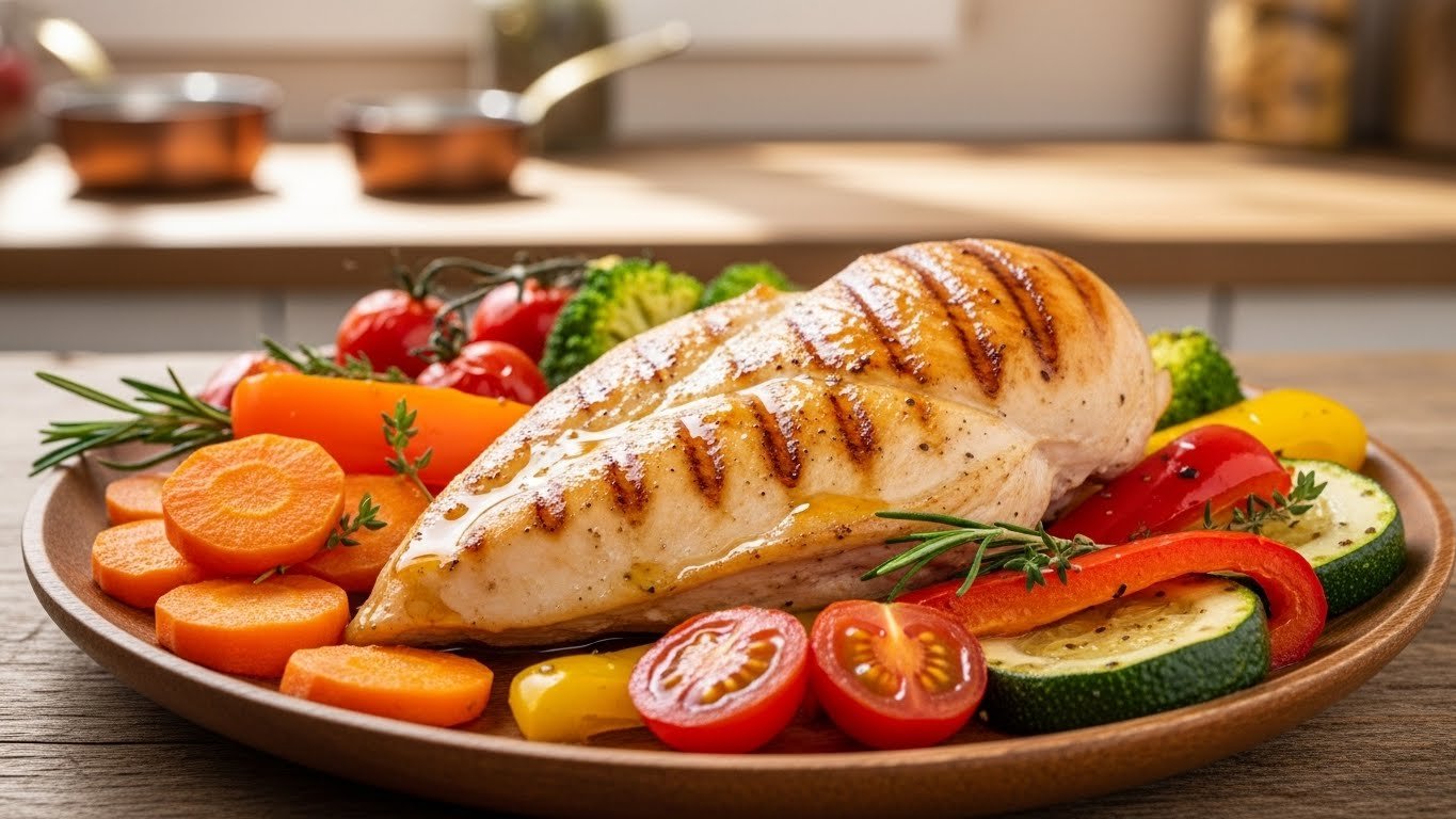 Frango grelhado com legumes no forno em 20 minutos
