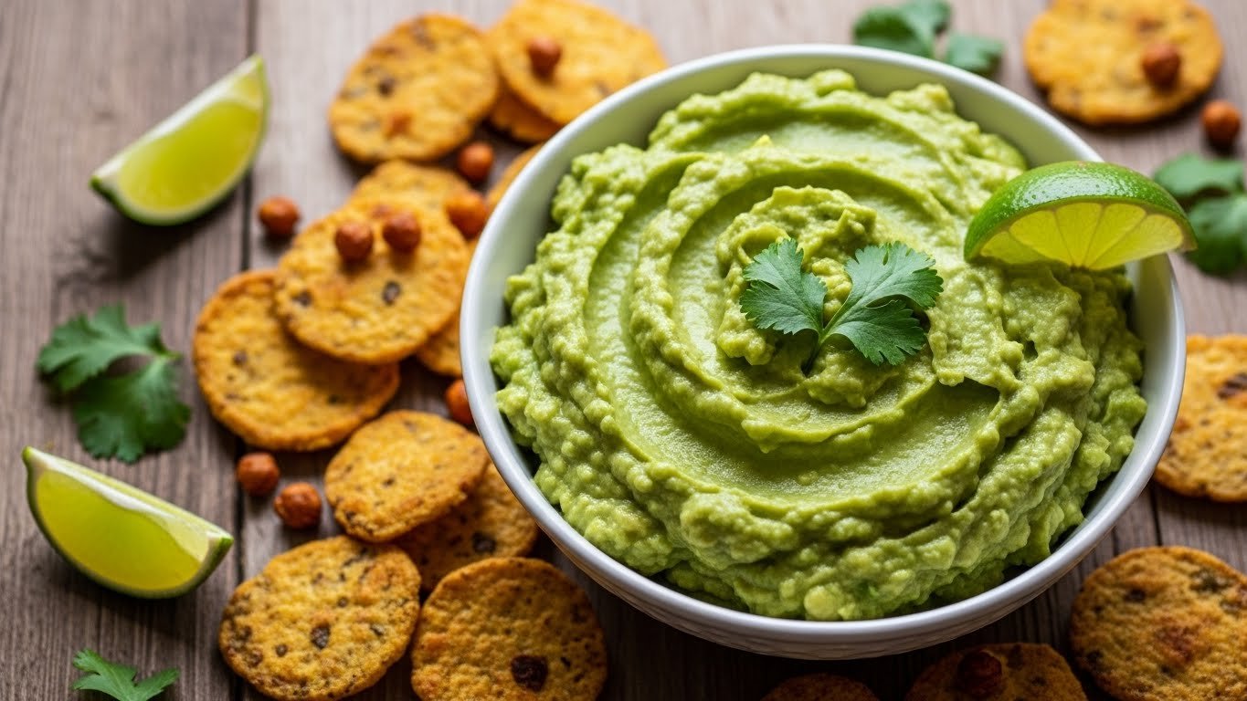 Guacamole com nachos de grão-de-bico assado
