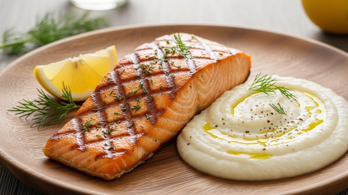 Salmão grelhado com purê de couve-flor low carb