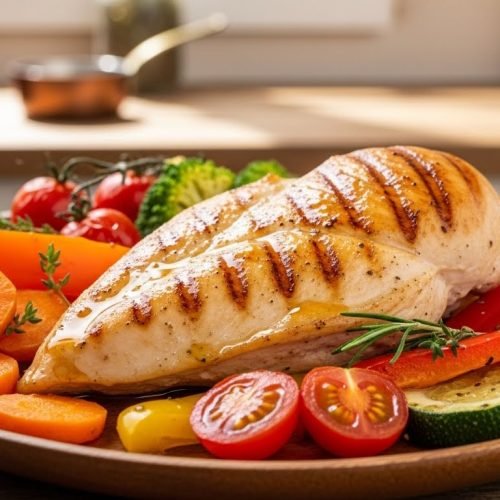 Frango grelhado com legumes no forno em 20 minutos