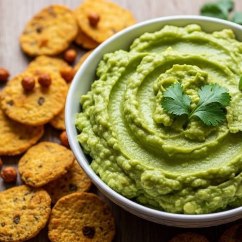 Guacamole com nachos de grão-de-bico assado