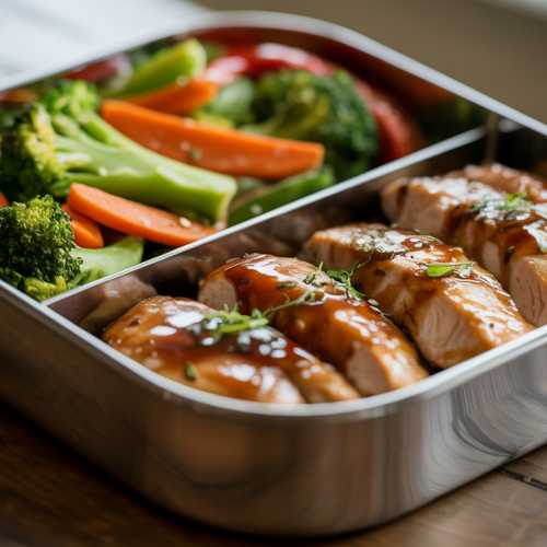 Marmita de frango teriyaki fit com legumes salteados