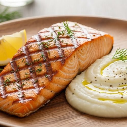 Salmão grelhado com purê de couve-flor low carb
